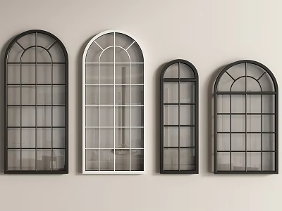 Stylish Casement Windows Featuring Arched Rectangular Designs Black White Frames And Grid Patterns 3d model