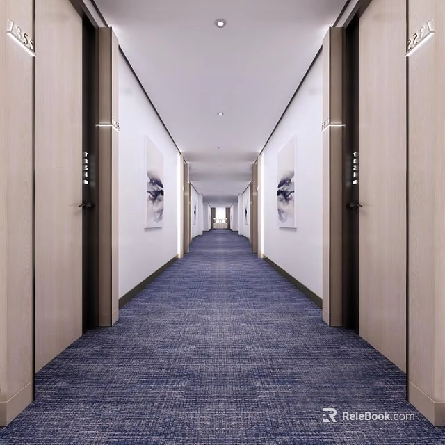 Modern Elevator Hallway with Blue Carpet White Walls Elevator Doors and Decorative Artworks 3d model