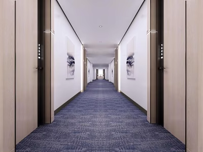 Modern Elevator Hallway with Blue Carpet White Walls Elevator Doors and Decorative Artworks 3d model