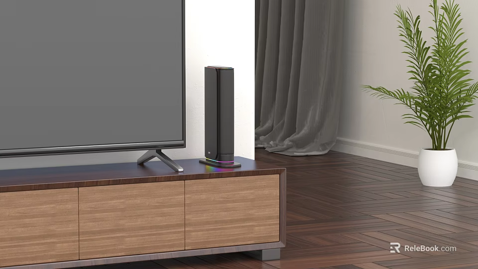 Cozy Living Room Interior With Wooden TV Stand TV Speaker Gray Curtains And Plant 3d model 