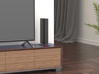 Cozy Living Room Interior With Wooden TV Stand TV Speaker Gray Curtains And Plant 3d model