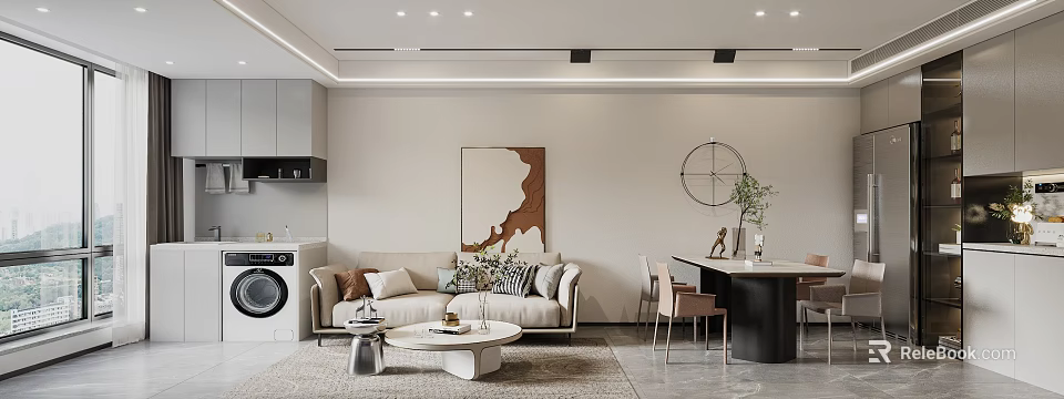 Modern Living Dining Room Interior With Sofa Coffee Table Dining Chairs And Decorative Artwork 3d model