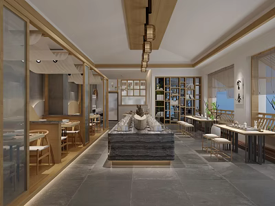 Modern Restaurant Interior Design With Wooden Tables Chairs And Lighting Fixtures 3d model
