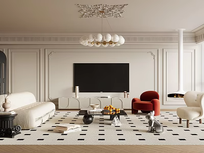 Light Luxury Living Room Interior With White Sofa Red Armchair And Black TV 3d model
