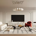 Light Luxury Living Room Interior With White Sofa Red Armchair And Black TV