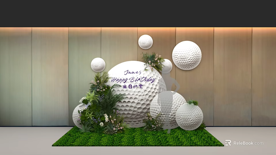 Elegant Check In Setup With Golf Ball Decorations Green Plants And Grass Turf For Birthday 3d model 