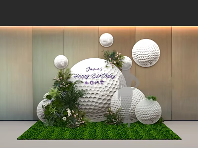 Elegant Check In Setup With Golf Ball Decorations Green Plants And Grass Turf For Birthday 3d model