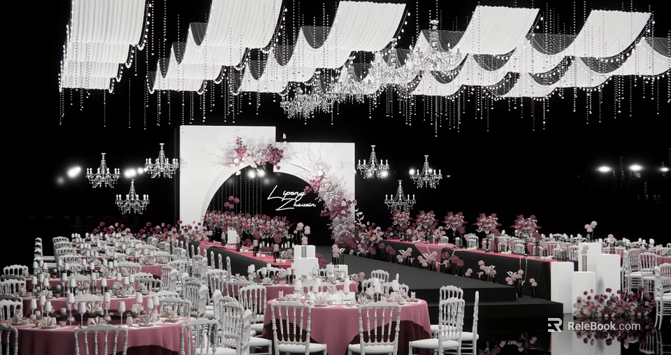 Banquet Hall with Hanging White Chandeliers Pink Floral Decor Arched Backdrop and Arranged Tables Chairs 3d model 