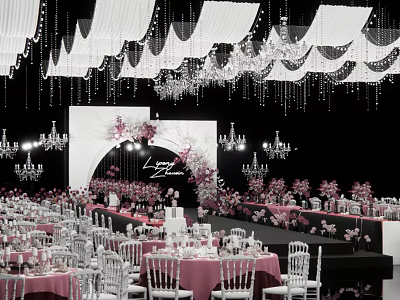 Banquet Hall with Hanging White Chandeliers Pink Floral Decor Arched Backdrop and Arranged Tables Chairs 3d model