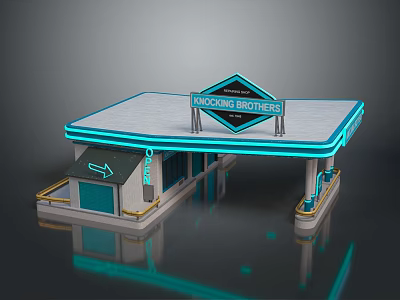 Lucky Brothers Gas Station With Blue Neon Lights On Roof And Arrow Pointing To Entrance 3d model