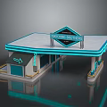 Lucky Brothers Gas Station With Blue Neon Lights On Roof And Arrow Pointing To Entrance