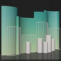 Exhibition Display Wall with Turquoise Gradient Curved Panels and White Metal Frames with Cylindrical Podiums