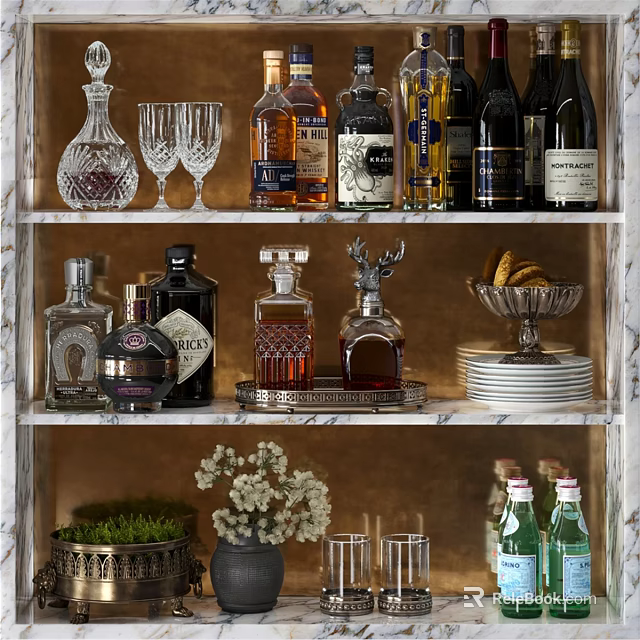 Elegant Kitchenware Display On Marble Shelf With Wine Glasses Plates And Decor 3d model 