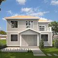 Two Story Detached Villa Light Gray Exterior Beige Roof White Frames Green Lawn Stone Path