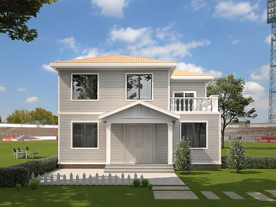 Two Story Detached Villa Light Gray Exterior Beige Roof White Frames Green Lawn Stone Path 3d model
