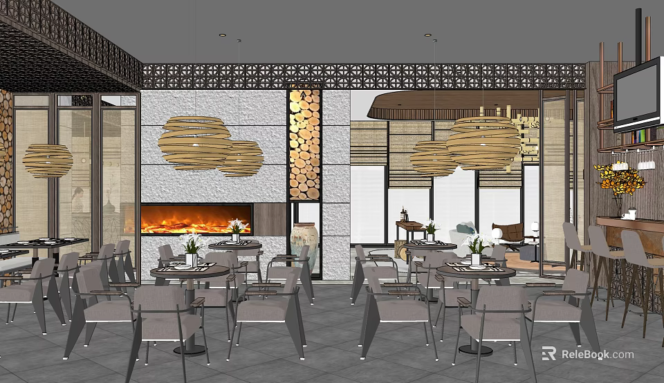 Modern Restaurant Interior With Cloud Shaped Decor Wooden Pendant Lights And Dining Tables 3d model 