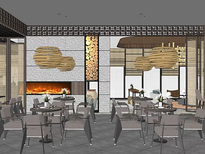 Modern Restaurant Interior With Cloud Shaped Decor Wooden Pendant Lights And Dining Tables 3d model