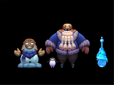 Winter Creatures Characters With Snowman Yeti Penguin And Blue Magic Bottle 3d model