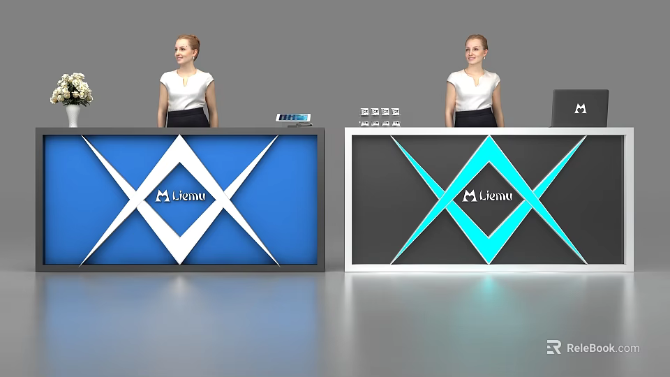 Modern Reception Desk Design with Blue Gray Color Geometric Pattern and Venue Logo 3d model 