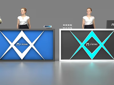 Modern Reception Desk Design with Blue Gray Color Geometric Pattern and Venue Logo 3d model