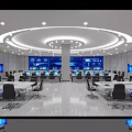 Modern Monitoring Room with Multiple Screens Control Desks and Chairs