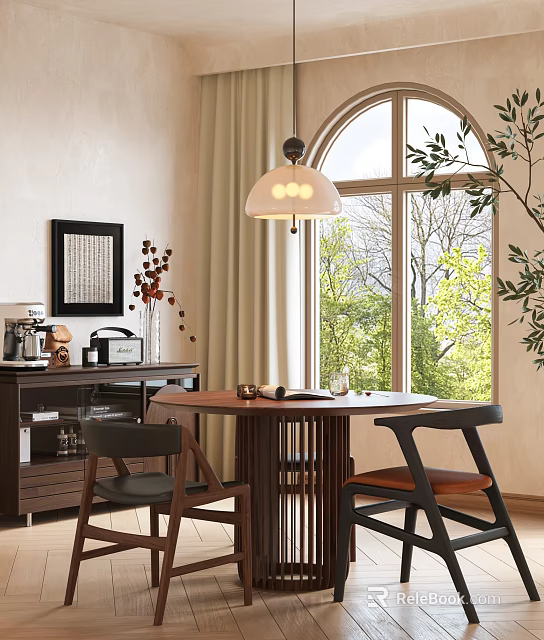 Cozy Modern Wooden Table And Chair Set In Room With Window Green Trees Natural Light 3d model 