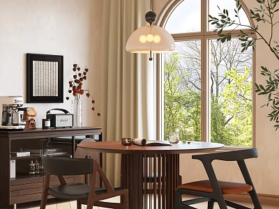 Cozy Modern Wooden Table And Chair Set In Room With Window Green Trees Natural Light 3d model