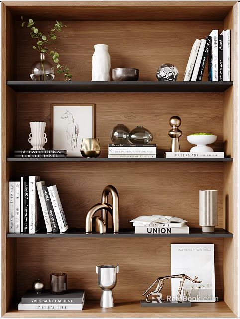 Modern Decorative Ornament Combination On Wooden Bookshelf With Books Sculptures And Vases 3d model 