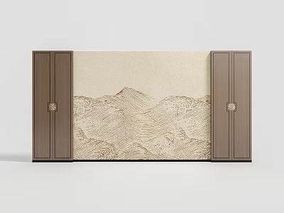 Elegant TV Wall Design with Beige Mountains Pattern Brown Cabinets and Golden Handles 3d model