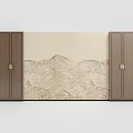 Elegant TV Wall Design with Beige Mountains Pattern Brown Cabinets and Golden Handles