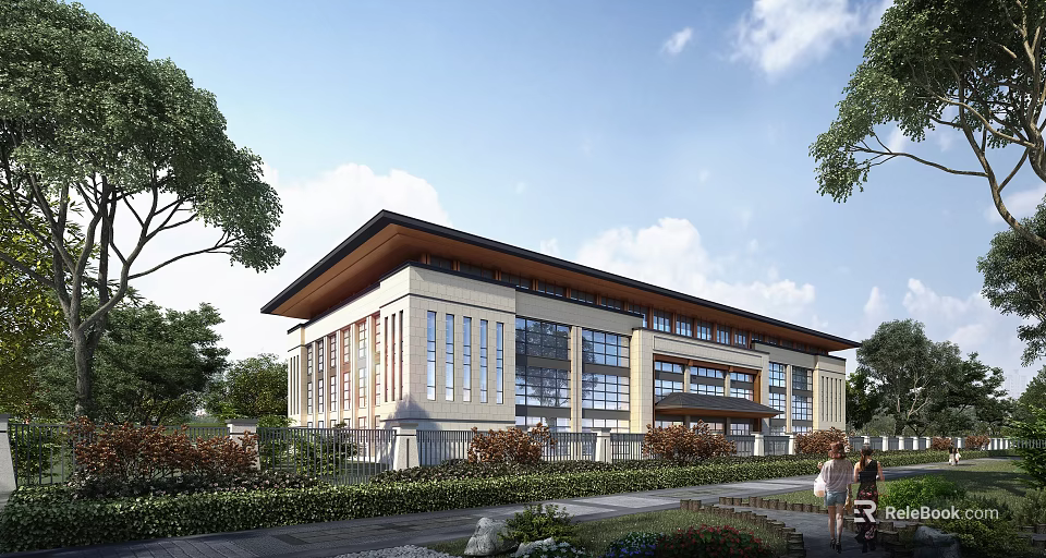 Modern Public Building Exterior With Glass Curtain Wall And Surrounding Greenery 3d model 