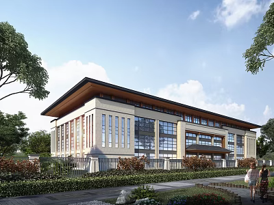 Modern Public Building Exterior With Glass Curtain Wall And Surrounding Greenery 3d model