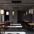 Industrial Style Restaurant Interior With Gray Walls Wooden Tables And Hanging Lamps