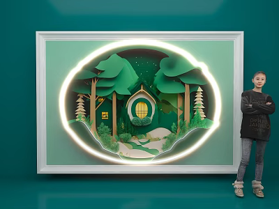 Popular Photo Check In Spot With Green Background Trees Tree House And Illuminated Frame 3d model