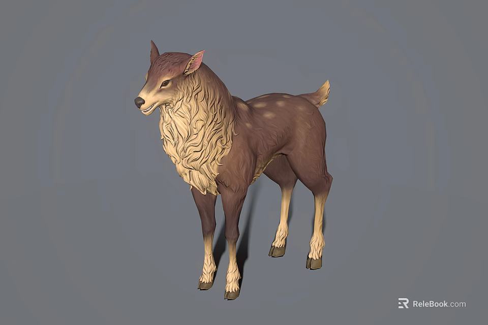 3D Deer Model with Fluffy Beige Neck Fur and Brown Body Standing on Gray Background 3d model 