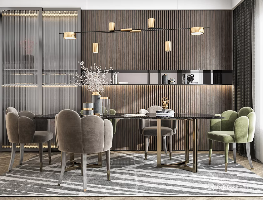 Modern Luxury Dining Table Set With Glass Top Upholstered Chairs Wooden Striped Wall Pendant Lights 3d model 