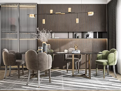 Modern Luxury Dining Table Set With Glass Top Upholstered Chairs Wooden Striped Wall Pendant Lights 3d model