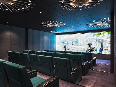 Modern Cinema Interior With Comfortable Seats Large Screen And Stylish Ceiling Decor 3d model