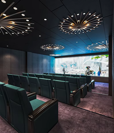 Modern Cinema Interior With Comfortable Seats Large Screen And Stylish Ceiling Decor 3d model