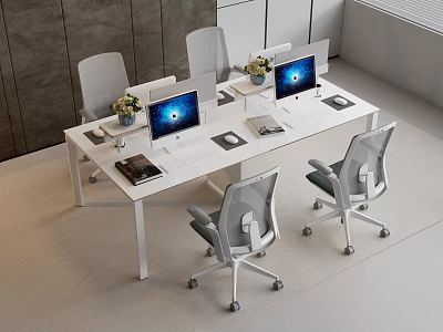 Modern White Office Desk Workspace With Multiple Monitors Ergonomic Chairs And Notebooks 3d model