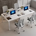 Modern White Office Desk Workspace With Multiple Monitors Ergonomic Chairs And Notebooks
