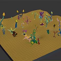Cartoon Fantasy Scene With Yellow Ground Blue Plants Yellow Flowers And Small Black Creatures
