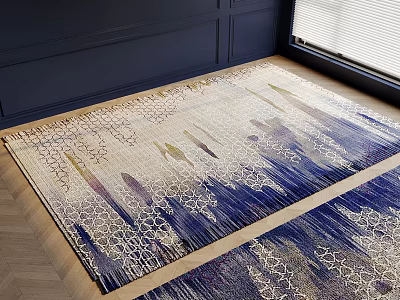 Square Rug With Abstract Blue Beige Purple Patterns On Wooden Floor And Dark Blue Walls 3d model
