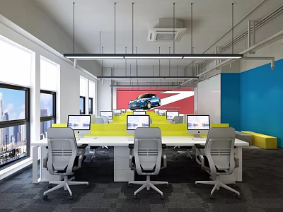 Modern Public Office Space With Yellow Partitions White Desks Computers And Blue Wall 3d model