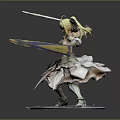 Game Movie Character Female Blonde Hair In White Pink Dress Holding Sword Checkered Base Statue