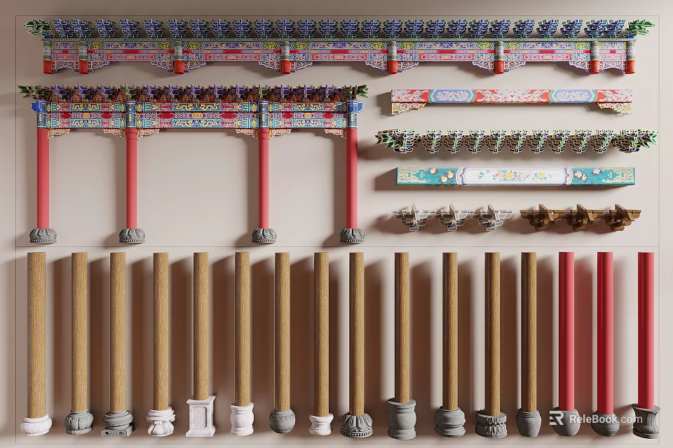 Traditional Decorative Columns with Colorful Carvings and Intricate Wooden Details 3d model 