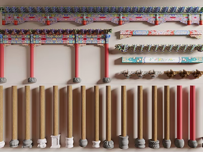 Traditional Decorative Columns with Colorful Carvings and Intricate Wooden Details 3d model