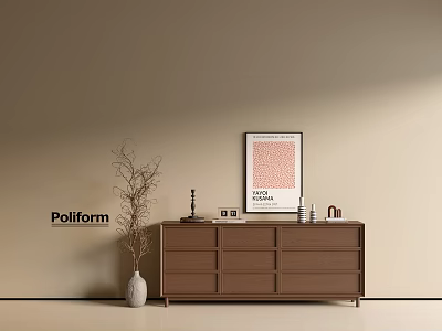 Poliform Brown Wooden Console Table With Decorative Lamp Photo Frame And Vase In Modern Entryway 3d model