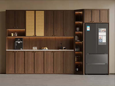 Modern Dark Wooden Wine Cabinet With LED Lighting In Kitchen Setting 3d model
