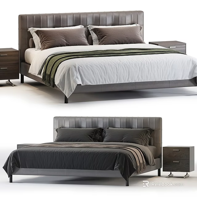 Modern Upholstered Double Bed Design With Striped Bedspread And Wooden Nightstands 3d model 